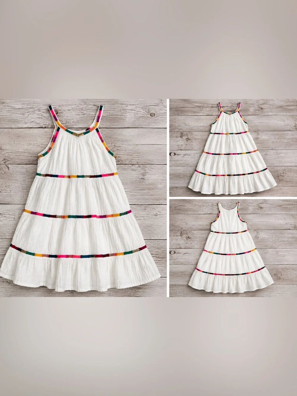 Peek Kids Girls Tiered Cotton Dress Rainbow Multicolor Trim White Boho Sundress